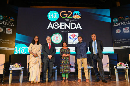 NEW DELHI INDIA MAY 18 2023 Ugo Astuto Ambassador of the delegation of EU to India Sunita Narain Director General of Center for Science and Environment CSE Dr Arunabha Ghosh CEO of CEEW Sumant Sinha CEO of ReNew seen during a panel discussion during the Hのeditorial素材