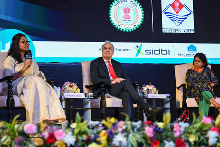 NEW DELHI INDIA MAY 18 2023 Ugo Astuto Ambassador of the delegation of EU to India Sunita Narain Director director general of India s Centre for Science and Environment CSE seen during a panel discussion during the Hindustan TimesG20 Agenda at Ambedkar Inのeditorial素材