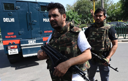 NEW DELHI INDIA APRIL 5 2023 Delhi Police Special Cell produced gangster Deepak Boxer in SWAT...