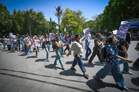 NEW DELHI INDIA APRIL 6 2023 Students from various organizations protest against the administration over the issue of Trespassing during college Fest in IP College for women at Arts Faculty North Campus on April 6 2023 in New Delhi India Photo by Sanchit のeditorial素材