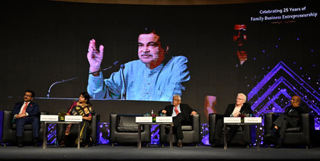 MUMBAI INDIA APRIL 8 2023 Union Minister Nitin Gadkari speaks at an event celebrating 25 years of Family Business Entrepreneurs at Taj Hotel Santacruz on April 8 2023 in Mumbai India Photo by Vijay Bate Hindustan Timesのeditorial素材