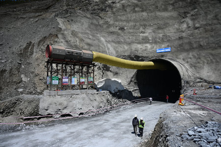 SRINAGAR INDIA APRIL 9 2023 Construction workers work inside Asiaâs longest bi directional Zojila Tunnel on the Srinagar Ladakh highway in the east of Srinagar on April 9 2023 in Srinagar India Zojila Tunnel along with another Z Morh Tunnel in Sonamarg のeditorial素材