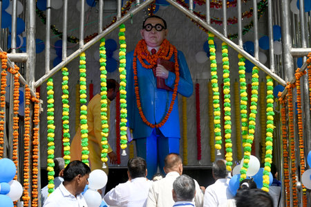 NOIDA INDIA APRIL 14 2023 People offer floral tributes on the occasion of the 133th birth anniversary of Dalit icon BR Ambedkar at Ambedkar Park sector 95 on April 14 2023 in Noida India Ambedkar Jayanti is an annual festival celebrated in India to commemのeditorial素材