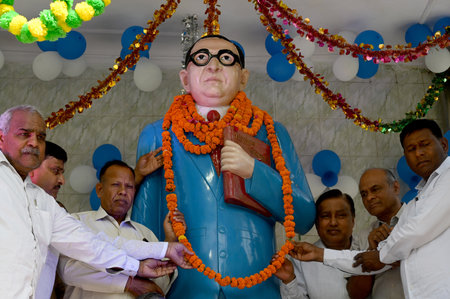 NOIDA INDIA APRIL 14 2023 People offer floral tributes on the occasion of the 133th birth anniversary of Dalit icon BR Ambedkar at Ambedkar Park sector 95 on April 14 2023 in Noida India Ambedkar Jayanti is an annual festival celebrated in India to commemのeditorial素材