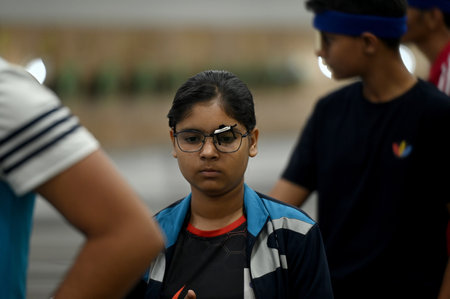 NOIDA INDIA APRIL 15 2023 Participants seen at the Shooting competition at Noida stadium sector 21A Noida authority organizes shooting competitions for men and women on the occasion of 48th Noida foundation day on April 15 2023 in Noida India Photo by Sunのeditorial素材