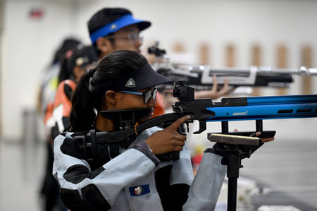 NOIDA INDIA APRIL 15 2023 Participants seen at the Shooting competition at Noida stadium sector 21A...