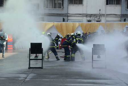 MUMBAI INDIA APRIL 15 2023 Firemen perform during a drill competition held at Mumbai Fire Brigade MFB headquarters at Byculla on April 15 2023 in Mumbai India Photo by Bhushan Koyande Hindustan Timesのeditorial素材