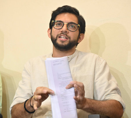 MUMBAI INDIA APRIL 19 2023 Shiv Sena UBT leader Aaditya Thackeray alongside Leader of Opposition in...