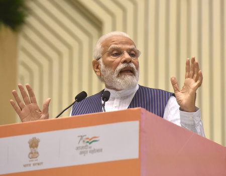 NEW DELHI INDIA APRIL 21 2023 Prime Minister Narendra Modi addressing the Valedictory Session and Awards Ceremony of 16th Civil Service Day at Vigyan Bhawan on April 21 2023 in New Delhi India Photo by Sonu Mehta Hindustan Timesのeditorial素材