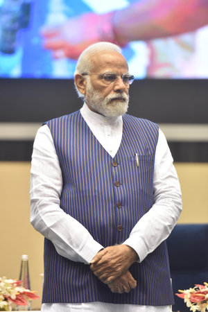 NEW DELHI INDIA APRIL 21 2023 Prime Minister Narendra Modi during the Valedictory Session and Awards Ceremony of 16th Civil Service Day at Vigyan Bhawan on April 21 2023 in New Delhi India Photo by Sonu Mehta Hindustan Timesのeditorial素材