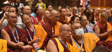 NEW DELHI INDIA APRIL 20 2023 Monks during the inauguration of First Global Buddhist Summit at...