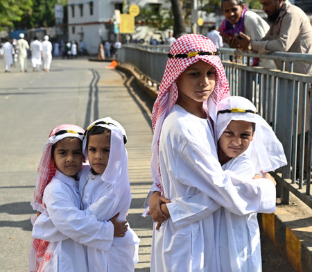 MUMBAI INDIA APRIL 22 2023 People offer namaz outside the station on the occasion of Eid al Fitr at Bandra on April 22 2023 in Mumbai India Muslims around the world are getting into the festive Eid spirit as the holy month of Ramadan concludes The festivaのeditorial素材