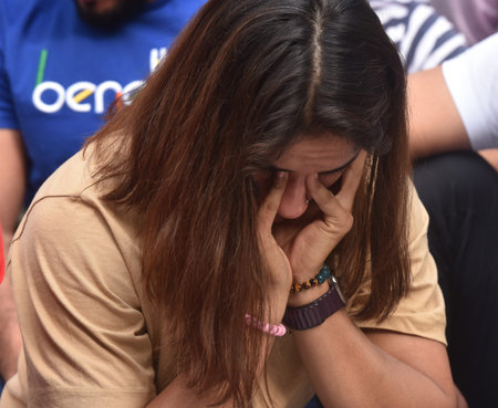 NEW DELHI INDIA APRIL 23 2023 Wrestlers Vinesh Phogat breaks down while addressing a press conference during their protest against the Wrestling Federation of India at Jantar Mantar on April 23 2023 in New Delhi India Wrestlers resumed their protest againのeditorial素材
