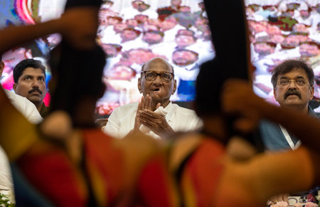 MUMBAI INDIA APRIL 26 2023 NCP chief Sharad Pawar MP Supriya Sule and MLA Jitendra Awhad attend Yuvamanthan an NCP party meeting to interact with young generation at Chembur on April 26 2023 in Mumbai India Photo by Satish Bate Hindustan Timesのeditorial素材