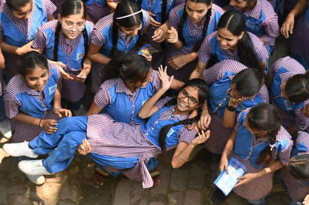 NOIDA INDIA APRIL 25 2023 Students celebrate after UP board class 10th and 12th results were...