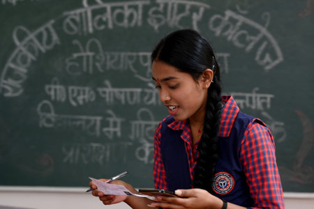NOIDA INDIA APRIL 25 2023 Students celebrate after UP board class 10th and 12th results were declared at Rajkiya Balika Inter College in sector 51 on April 25 2023 in Noida India Photo by Sunil Ghosh Hindustan Timesのeditorial素材