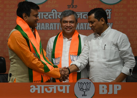 NEW DELHI INDIA APRIL 28 2023 Former JD U leader Ajay Alok joins Bharatiya Janata Party in the...