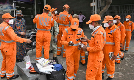 LUDHIANA INDIA APRIL 30 2023 NDRF teams reached and taking initiate rescue operation after gas leak incident at Sua road Giaspura area on April 30 2023 in Ludhiana India Eleven people including two children are feared dead and many others are feared trappのeditorial素材