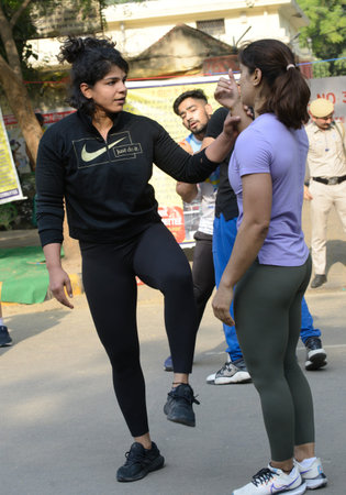 NEW DELHI INDIA APRIL 27 2023 Wrestlers Vinesh Phogat and Sakshi Malik exercise at Jantar Mantar Road during five day dharma their protest against the Wrestling Federation of India at Jantar Mantar on April 27 2023 in New Delhi India Photo by Sonu Mehta Hのeditorial素材