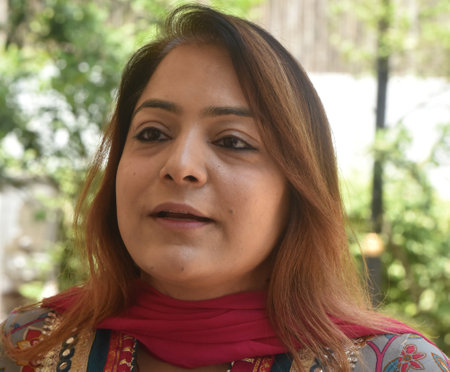 NEW DELHI INDIA APRIL 22 2023 MCD Mayor Dr Shelly Oberoi after addressing a press conference at AAP HQ Rouse Avenue on April 22 2023 in New Delhi India Shelly Oberoi said multiplicative factors have been reduced for various categories including propertiesのeditorial素材