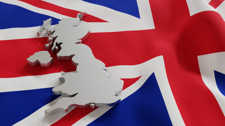3d map of the United Kingdom resting on UK flag backdrop. 3d illustration