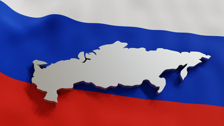 3d map of Russia resting on national flag backdrop. 3d illustration