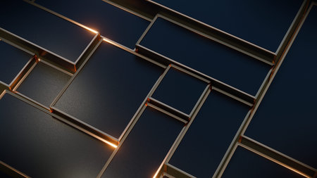 Black and gold metallic boxes reflecting glints of warm light. Abstract technology background. 3d...