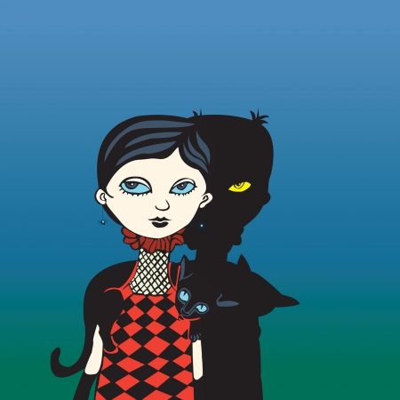    Image  of  Gothic girl with cat on the shoulders のイラスト素材