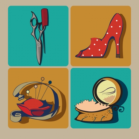 Set of buttons covers liking  for  hairdressing, dressmaking, makeup and fashion のイラスト素材