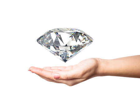 woman hand holding 3d diamond over white backgroundの写真素材