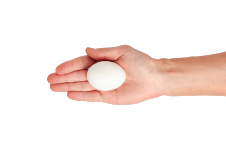 Hand holding a white egg on a white background, with copy space, as a concept of qualityの写真素材