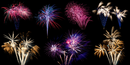 A collage or compilation of different Fireworks bursting, isolated on black background in high resolutionの写真素材