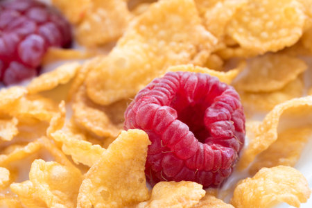 Close up of fresh raspberry and cornflakes.