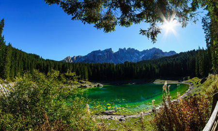 Karersee - Lago di Carezza A lake in the Dolomites in South Tyrol, Italy - Fisheye