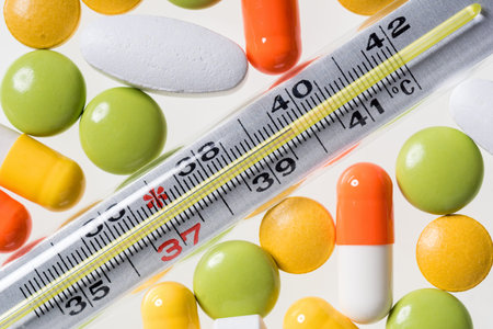clinical thermometer and tablets, disease and medication, Pills - Close up