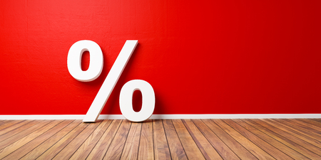White Percent Sign on Brown Wooden Floor Against Red Wall - Sale Concept - 3D Illustration.の写真素材