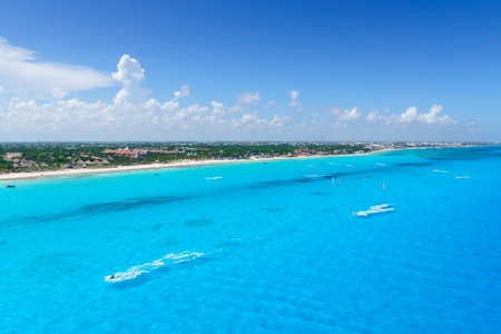 Cancun Mexico from birds eye view Cancun's beaches with hotels and turquoise Caribbean sea.