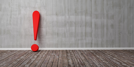 Red exclamation mark on wooden floor and concrete wall 3D Illustration Warning Conceptの写真素材