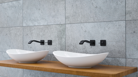 Close up of bathroom vanity basin on a wodden oak top vanity with black water faucet 3D-Illustration.の写真素材