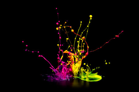 Colorful paint splashing on audio speaker isolated on black backgroundの写真素材