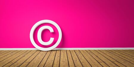 Copyright Symbol on Wodden Floor lean on pink Grunge Wall with Copy Space - 3D-Illustration.の写真素材