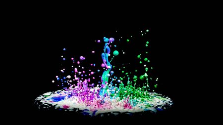 Colorful paint splashing on audio speaker isolated on black backgroundの写真素材