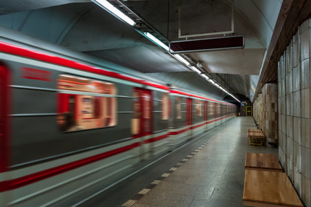 European Czech metro subway transit vehicle in motion - Subway Station