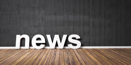 3D White News Text Shape on Brown Wooden Floor Against Green Wall with Copyspace - 3D Illustration3D...
