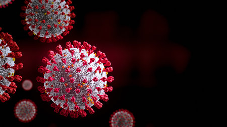 Coronavirus Covid-19 banner red background - 3d illustrationの写真素材