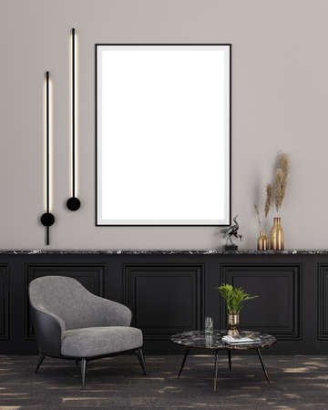 Verticall Frame Mock Up hanging on the Wall in Living Room 3D Illustrationの写真素材