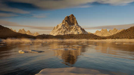 Winter landscape with big mountain, ice lake and reflection - 3D illustrationの写真素材