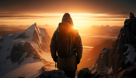 Hiker stands at the summit of a difficult mountain climb - Generative AIの素材
