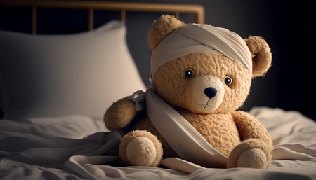 Teddy bear laying in bed and feeling sick. Generative AIの素材