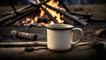 White enamel cup of hot steaming coffee on old log - Generative AIの素材